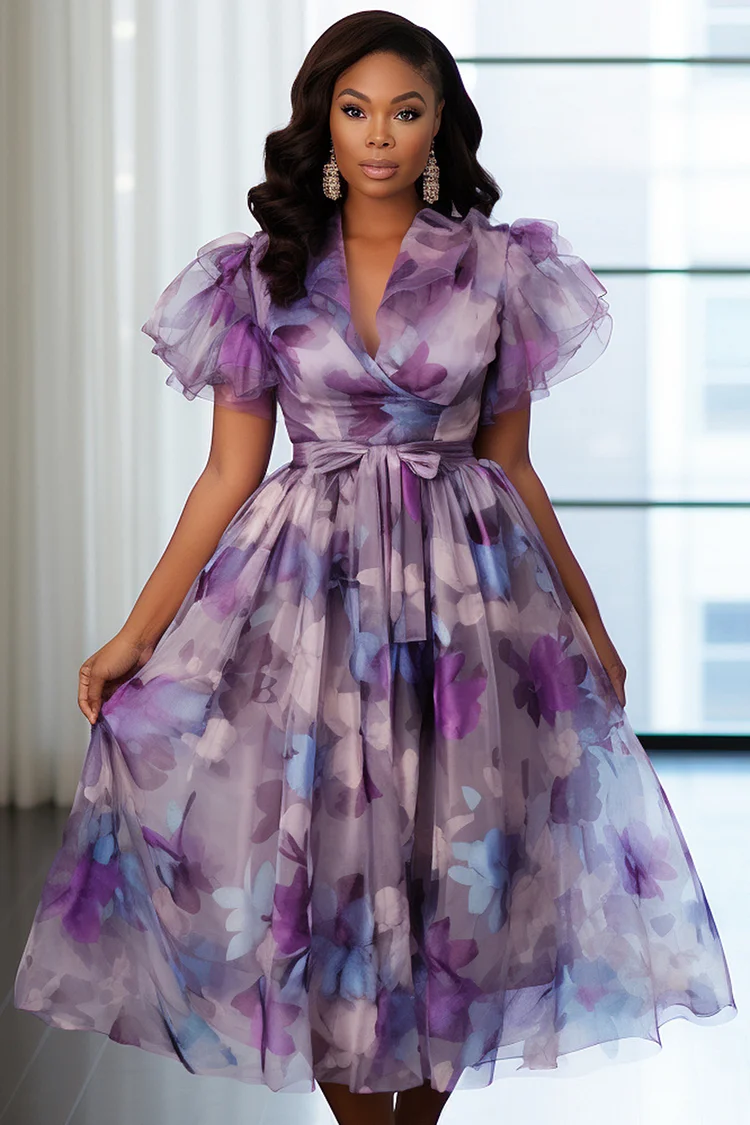 Xpluswear Design Plus Size Wedding Guest Purple Elegant Floral V Neck Short Sleeve Wrap Midi Dresses [Pre-Order]