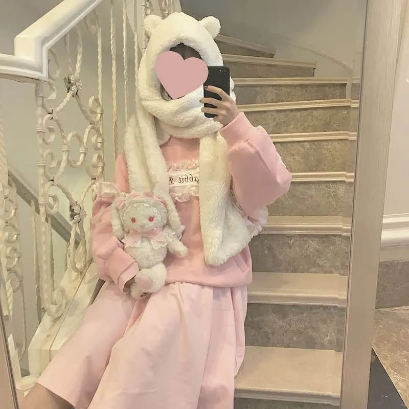 Warm hat scarf one hooded bib female winter imitation lamb hair Japanese thickening cute bear ears tide winter warmth artifact