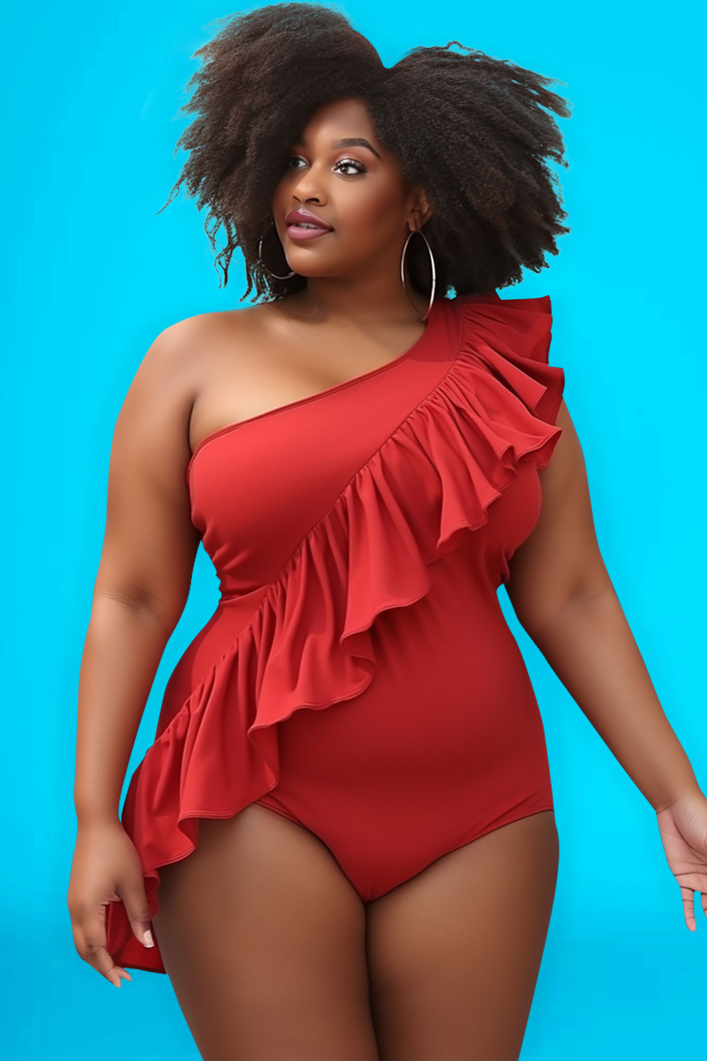 Design Plus Size Beach Vacation Red Oblique Collar Flounce Knitted One Pieces Swimwear [Pre-Order]