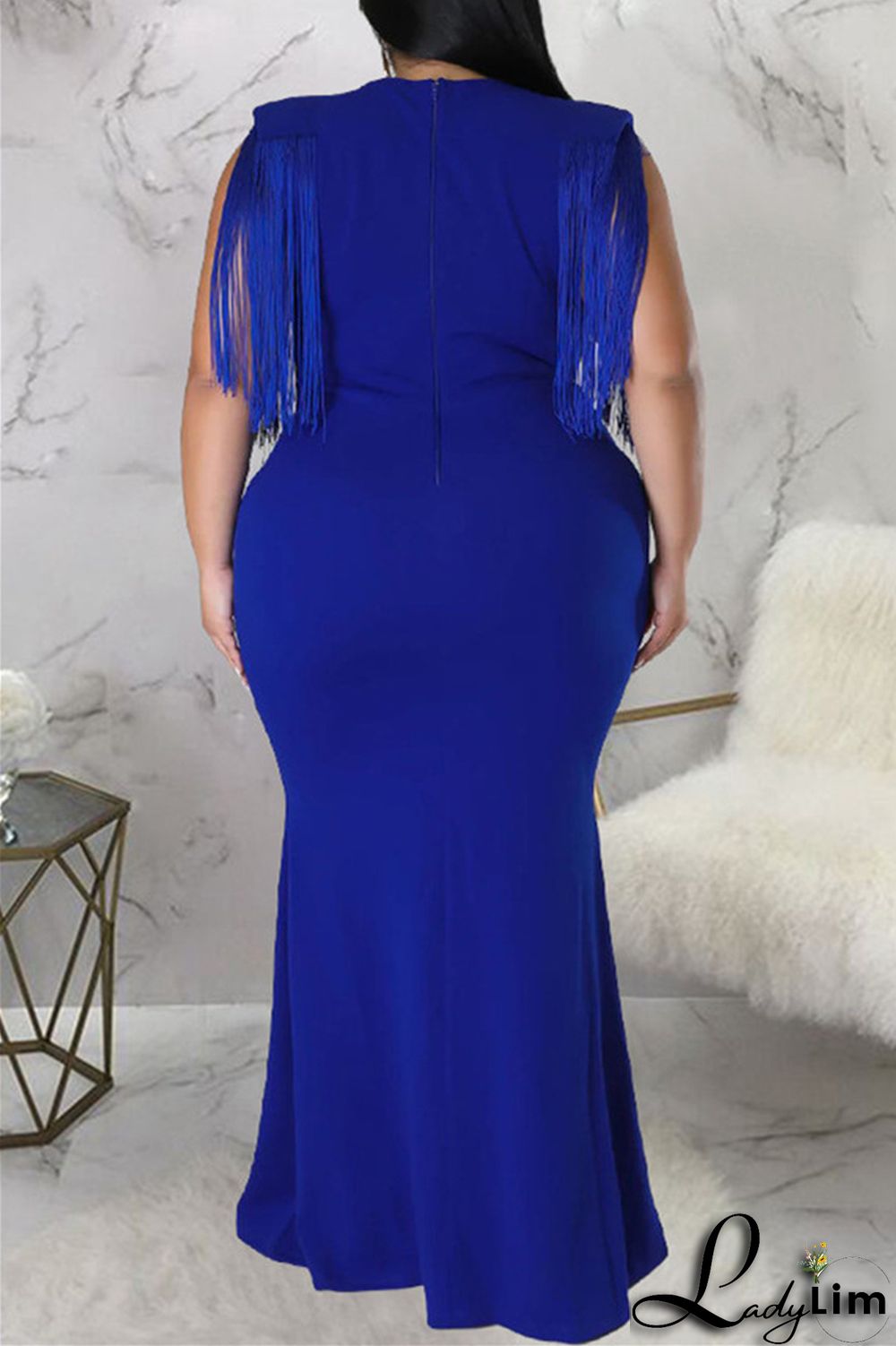 Black Fashion Casual Plus Size Solid Tassel Patchwork V Neck Long Dress