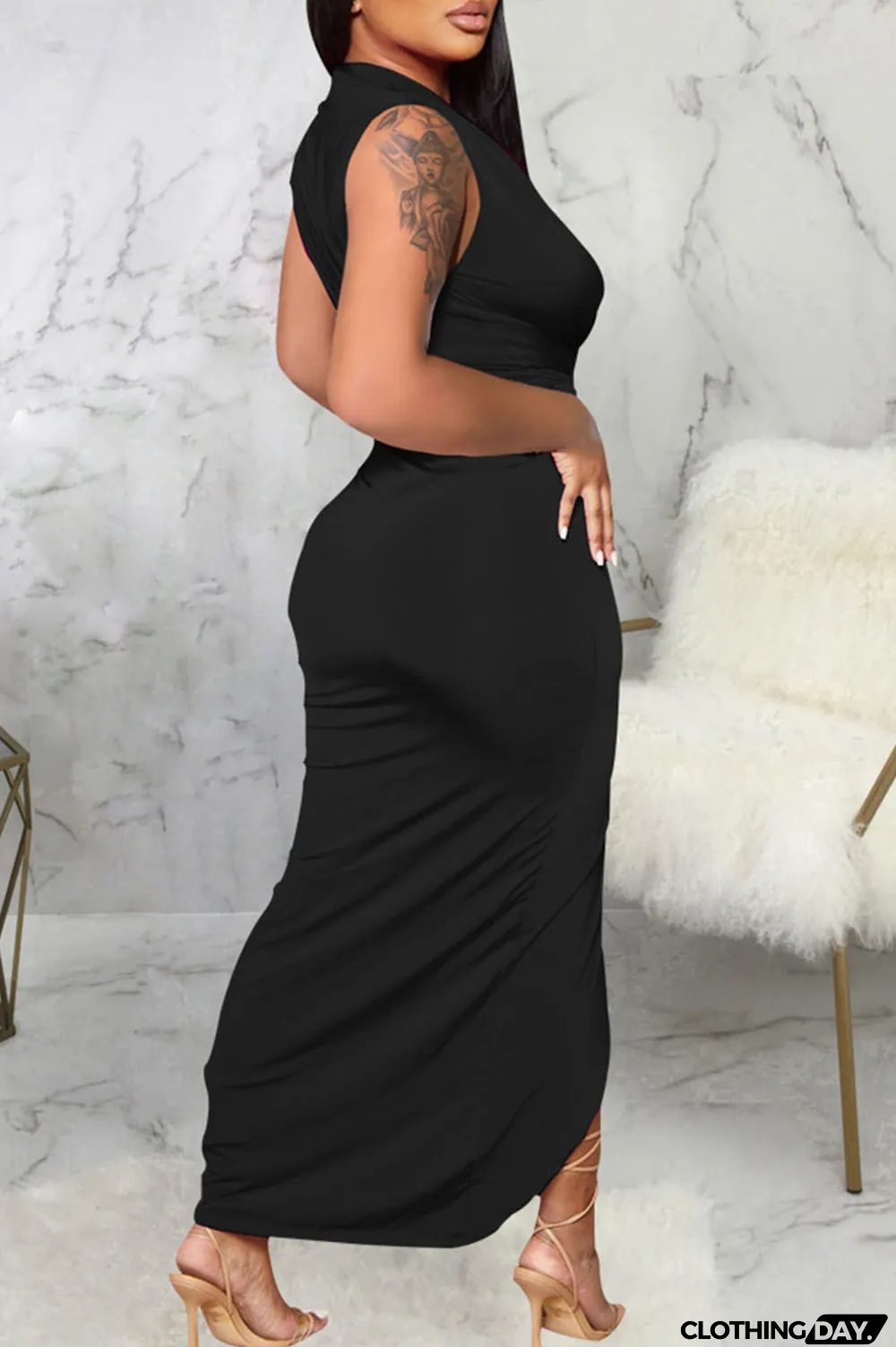 Black Sexy Solid Patchwork Asymmetrical V Neck Irregular Dress Dresses