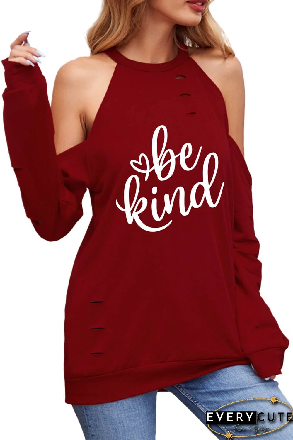 Valentine Be Kind Heart Print Ripped Cold Shoulder Top