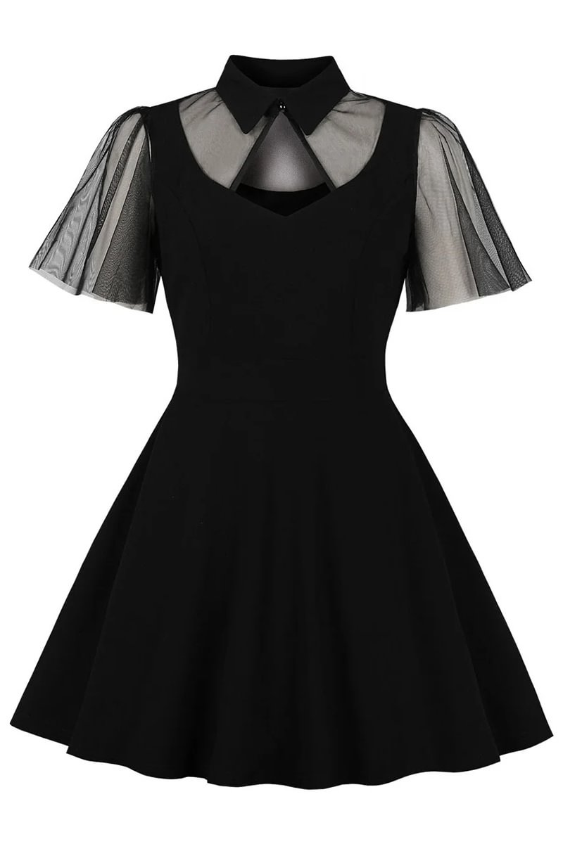 1950s Black Lace Stitching See-Through Short Sleeve Midi Dresses