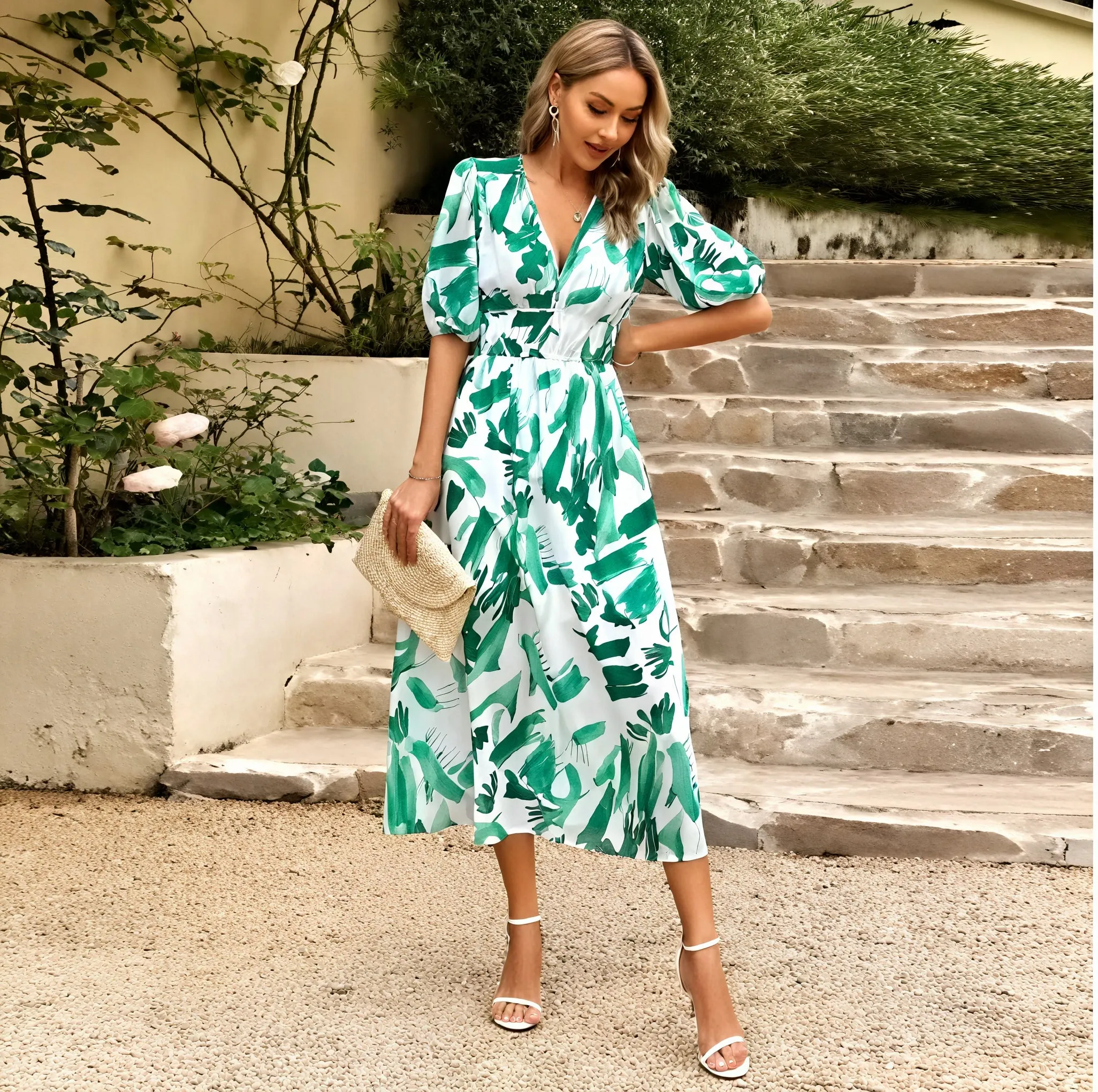 Damen Blumen Midi Kleid – V-Ausschnitt, Kurzarm, Fließend-83546-3a96839c-7b4c-4677-8776-64138cf25c93