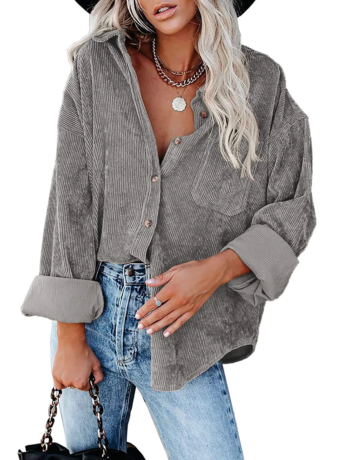 MIHOLL Women Corduroy Long Sleeve Button Down Collared Shirt Jacket Tops