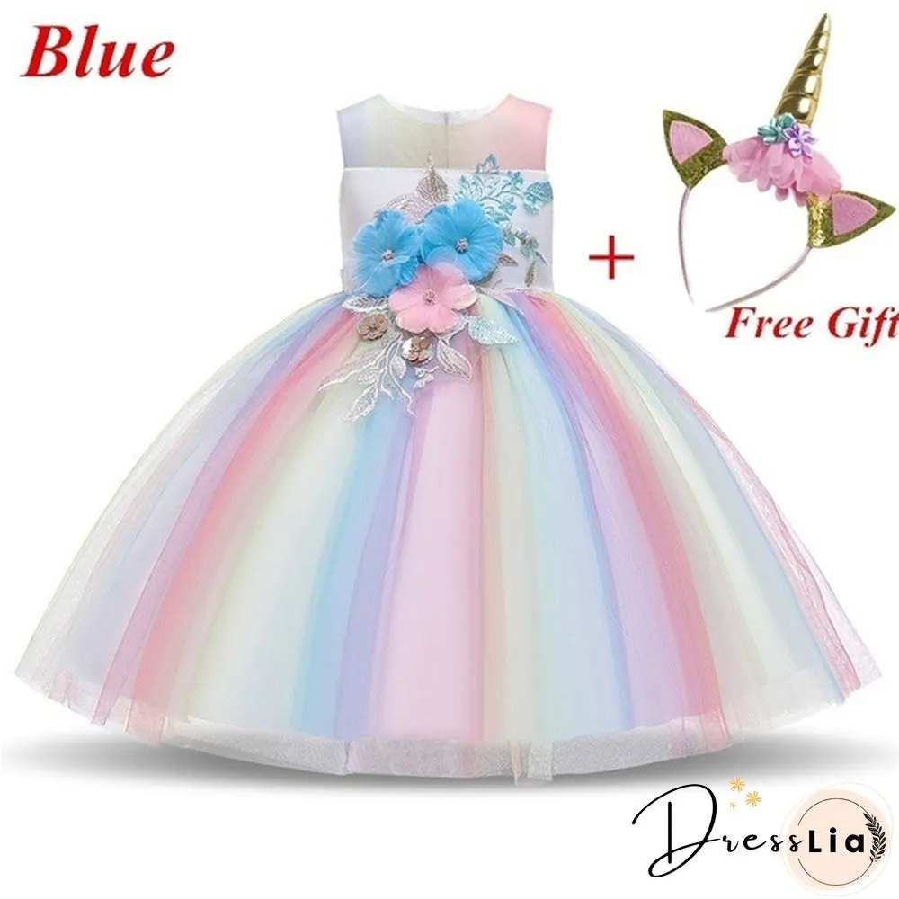 Unicorn Headband Princess Dress Children Summer Outfit kids fancy pony rainbow tulle tutu