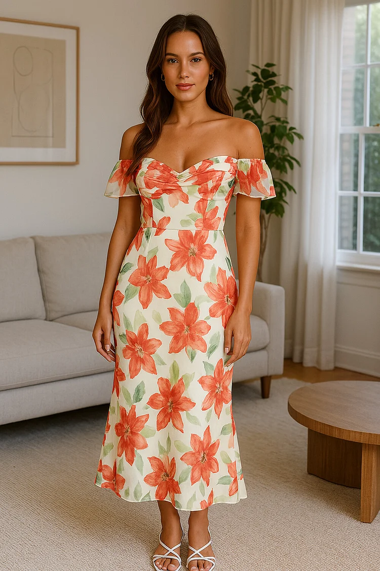 Off Shoulder Floral Print Fishtail Midi Dresses-Red [Pre Order]
