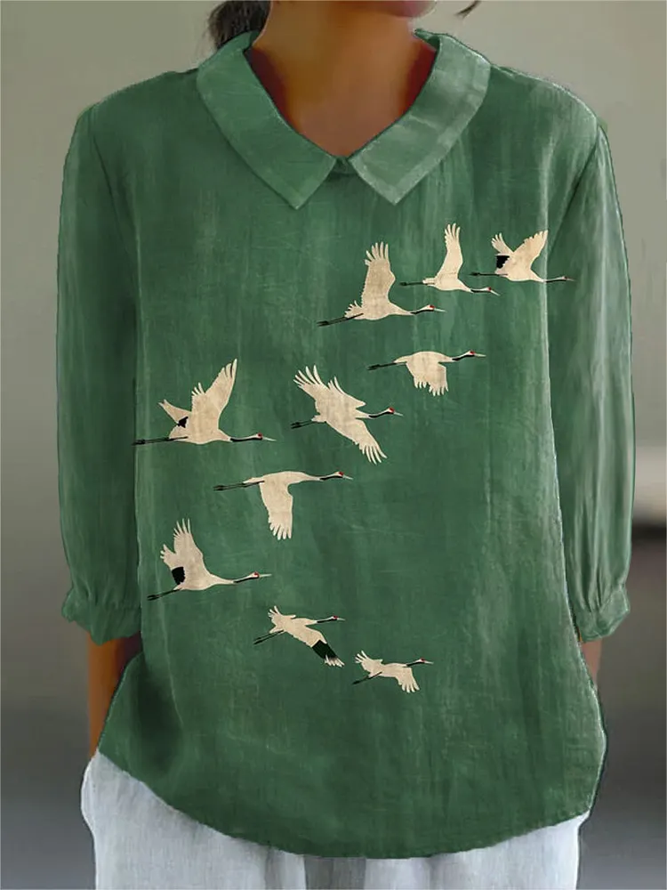 Women's Merald Green Crane Flock Art Print Casual Cotton And Linen 3/4 Sleeve Shirt