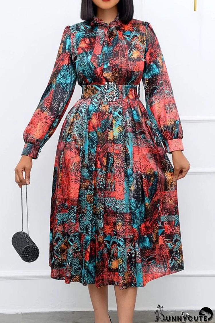 Red Elegant Print Patchwork With Belt O Neck A Line Dresses