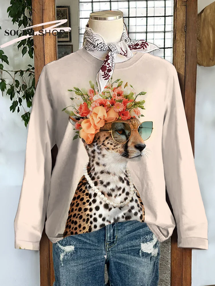 Women's Leopard Print Long Sleeve Crew Neck Sweatshirt With Glasses socialshop