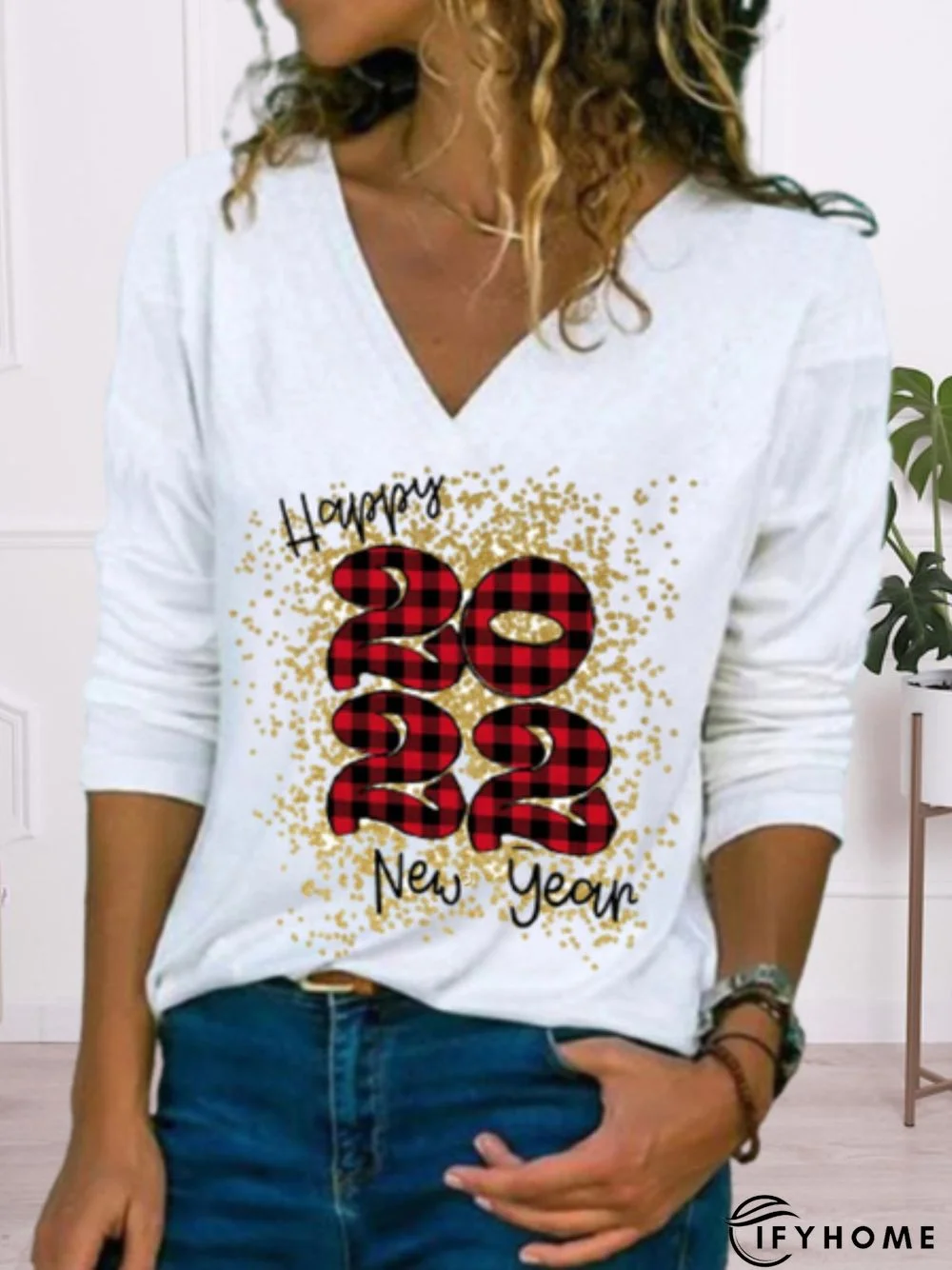 Happy New Year Long Sleeve V Neck Printed Top Tunic T-Shirt | IFYHOME