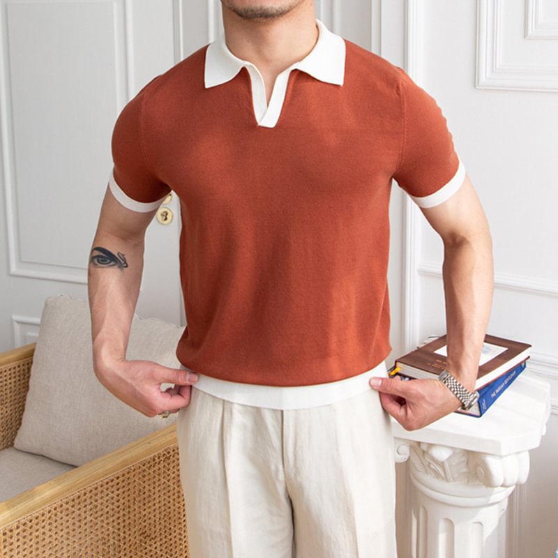 Men's Thin Knitted Lapel V-neck Colorblock Polo Shirt