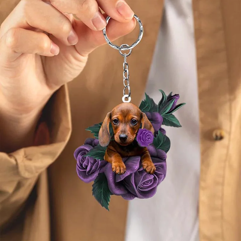 VigorDaily Dachshund In Purple Rose Acrylic Keychain PR008