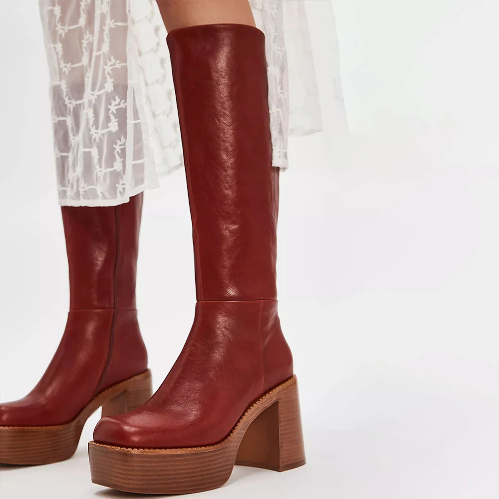 Maroon Square Toe Chunky Heel Side Zipper Knee High Platform Boots