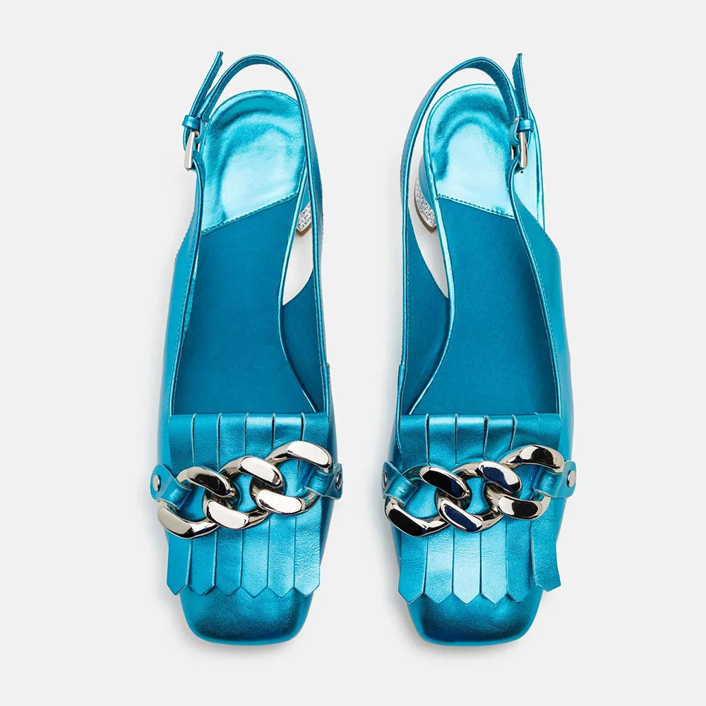 Blue Metallic Square Toe Slingback Rhinestone Fringe Chain Pumps Shoes