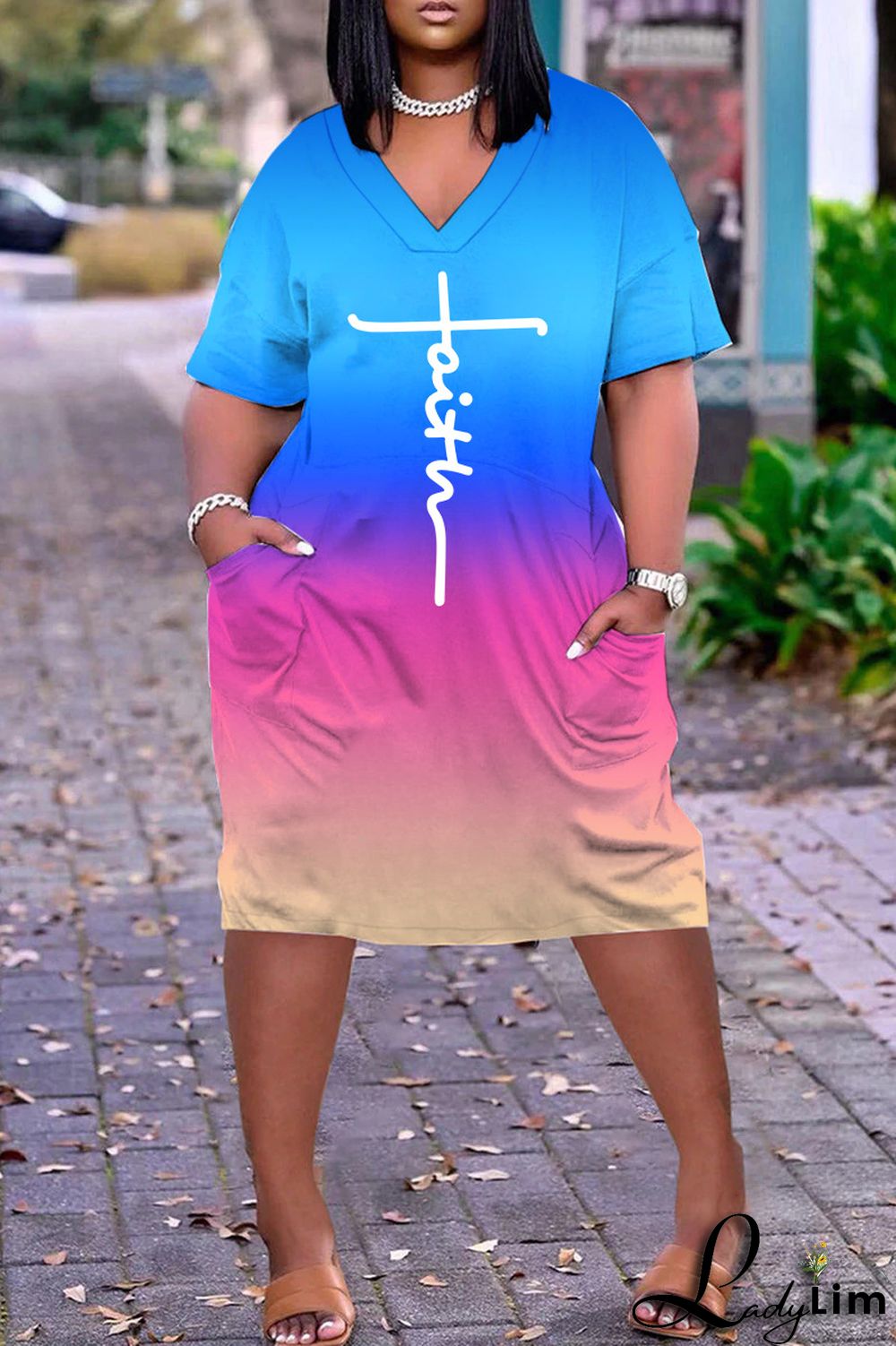 Sky Blue Casual Print Basic V Neck Short Sleeve Dress