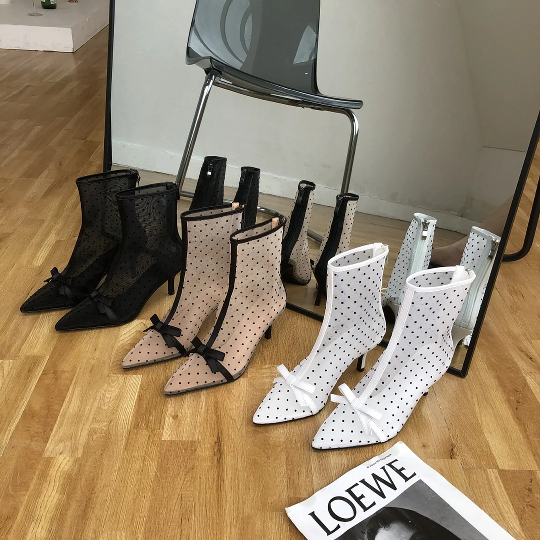 2020 Korean-Style Sexy Pointed Mesh Polka Dot Breathable Hollow Bow Stiletto Ankle Boots for Women
