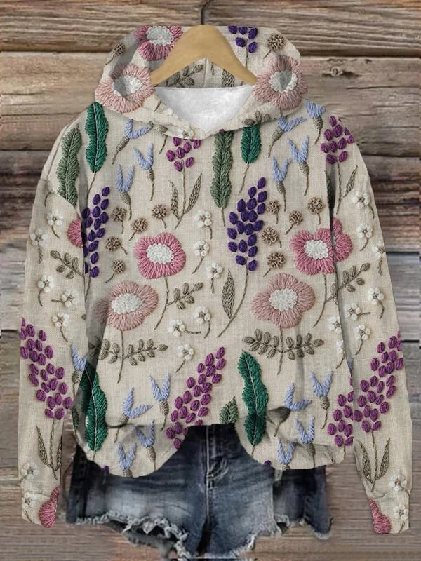 Women's Floral Embroidered Art Print Hooded Sweatshirt