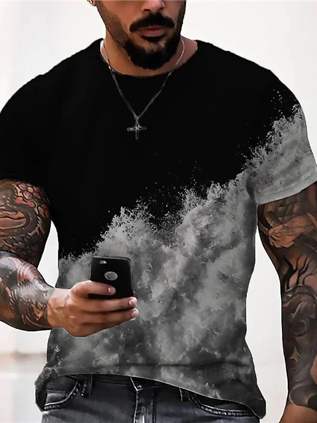 2023 Men's Hot Sale Fashion Casual Round Neck Color Block Printing Short Sleeve T-Shirt Tops