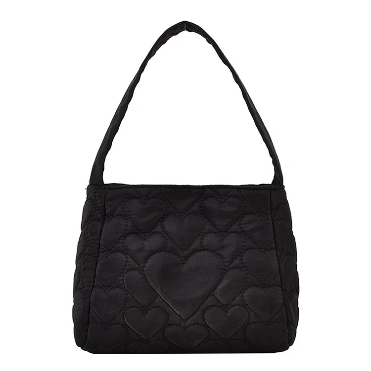 Women Love Heart Quilted Handbag Underarm Bag Versatile Daily Outdoor Bag(Black)
