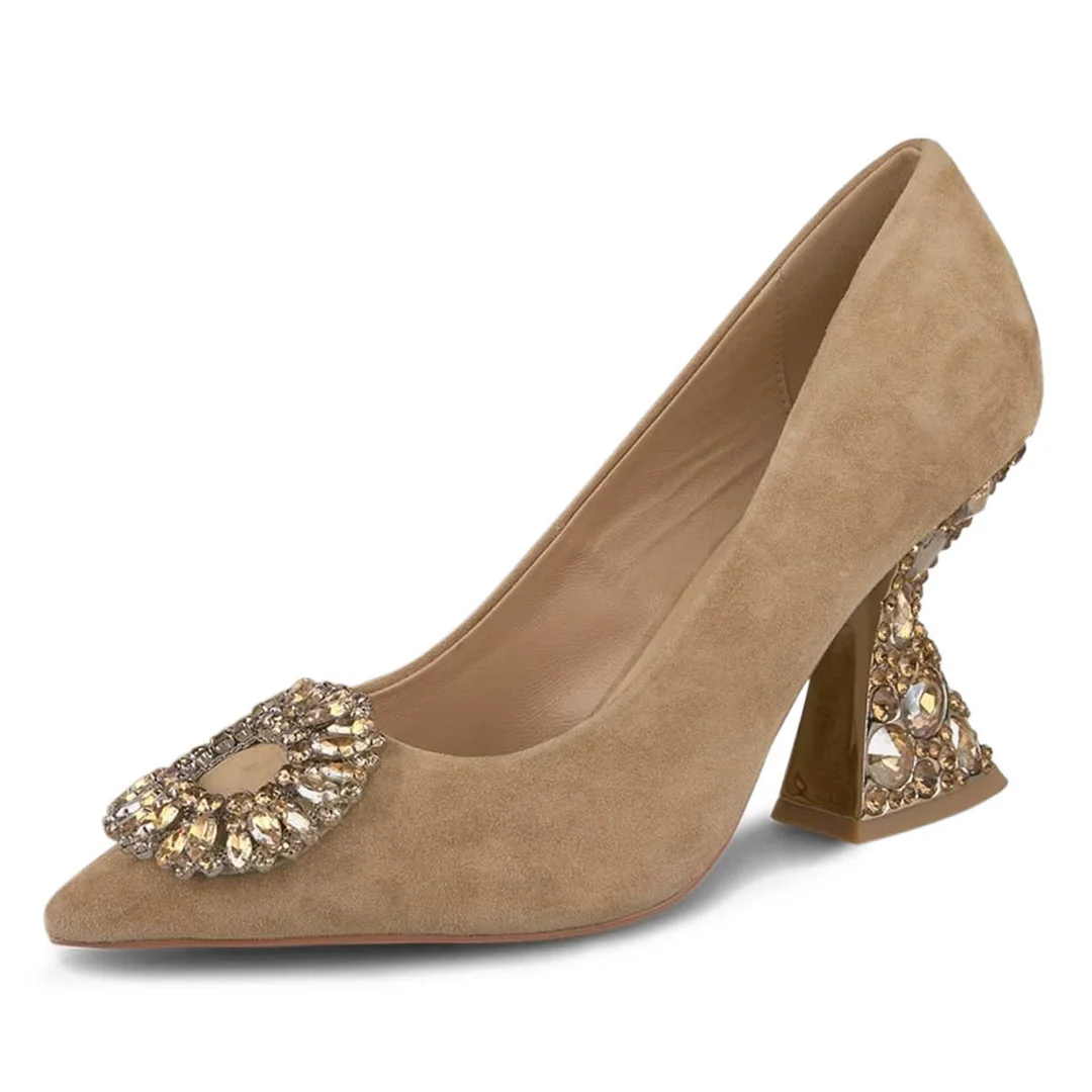 Faux Suede Pointed Toe Rhinestone Embellished Elegant Pumps in Beige