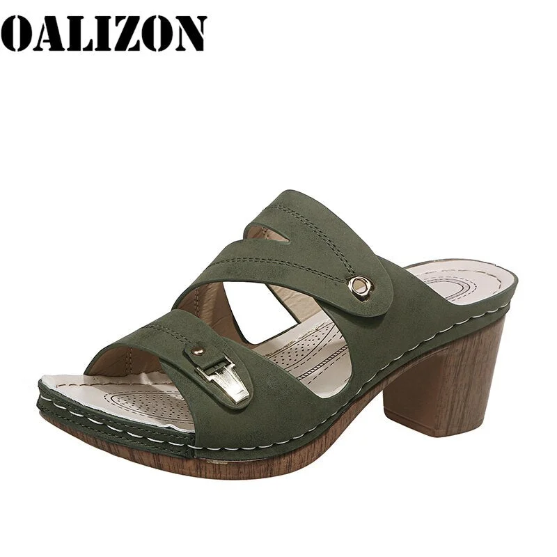 Women Summer New 2021 Gladiator Sandal Slippers Shoes Woman Sewing Mid Chunky Heels Lady Female Flip Flops Sandals Dress Shoes