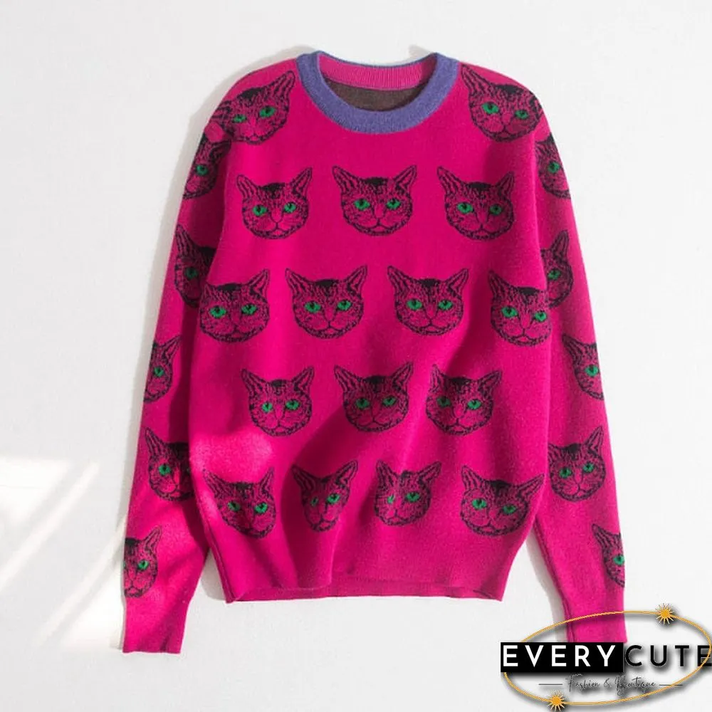 High Quality Runway Designer Cat Print Knitted Sweaters Pullovers Women Autumn Winter Long