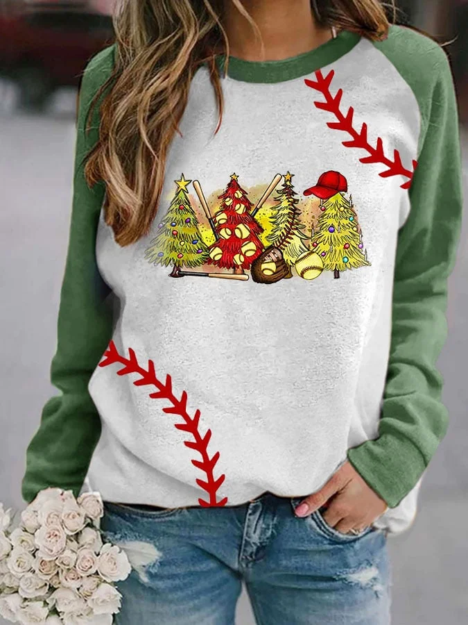 Women's Christmas Trees Softball Merry Christmas Print Sweatshirt-mysite