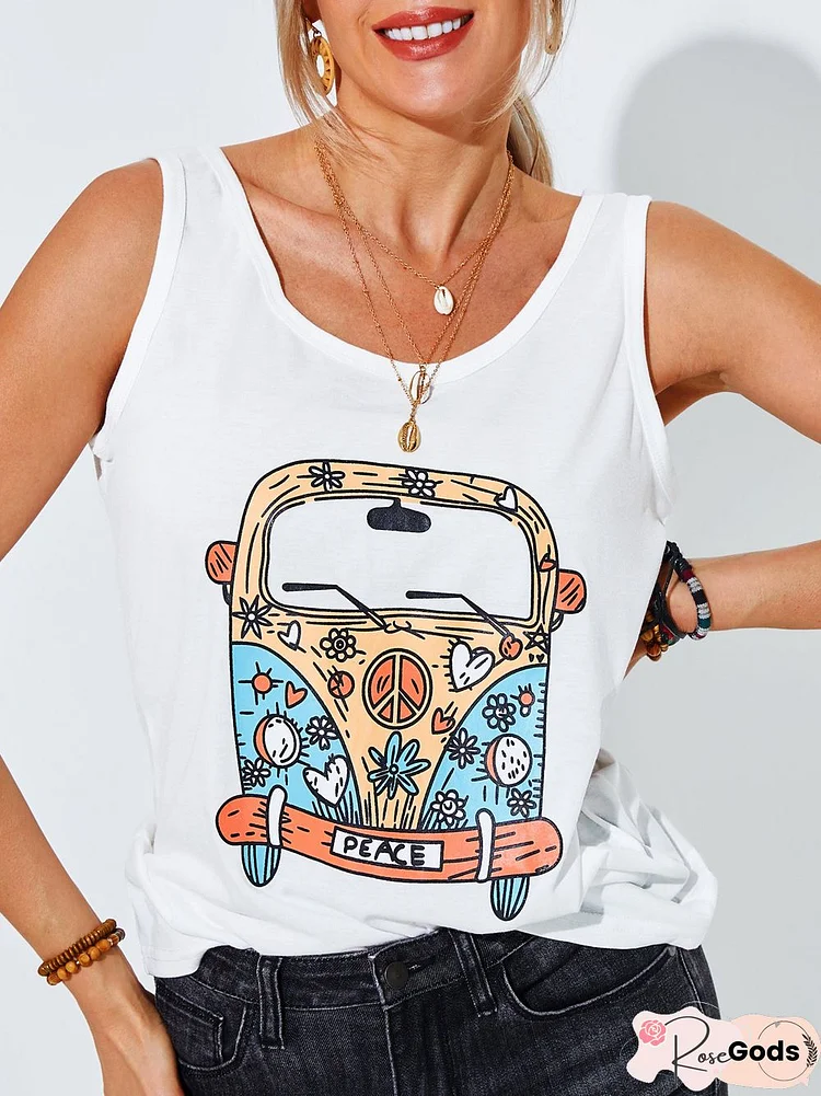 Sleeveless Cotton-Blend Printed Casual Top