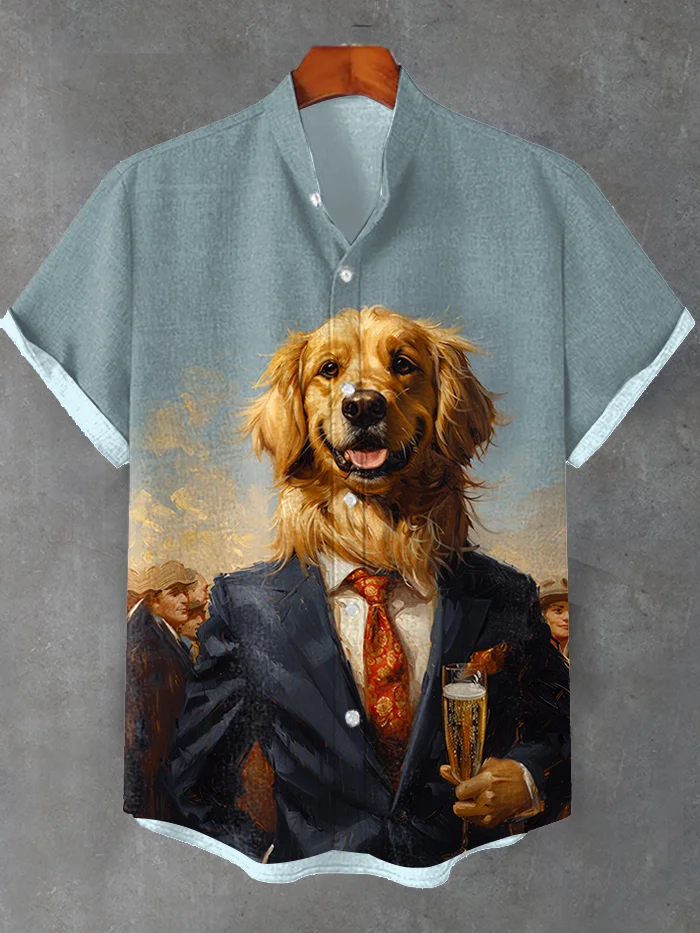 Men's Funny Dog Gentleman Drinks Champagne Art Print Shirt