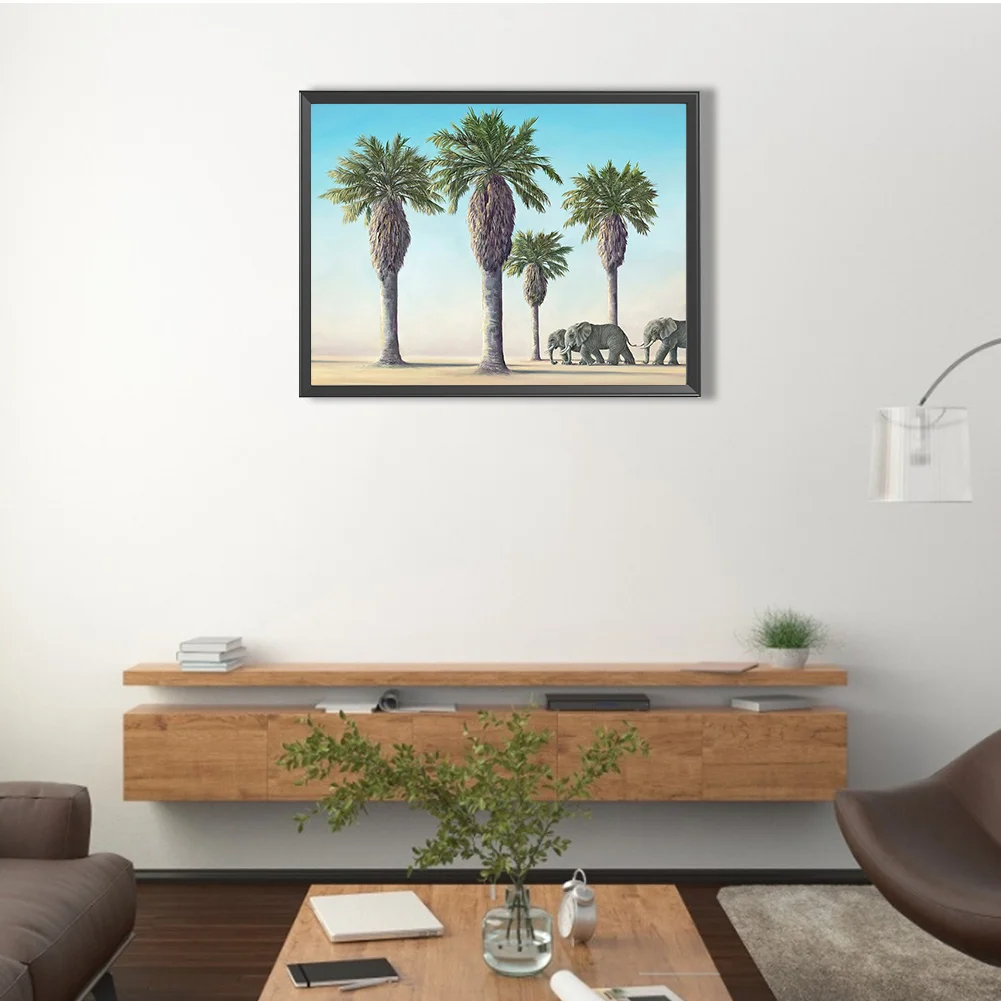 Full Round Diamond Painting 35*30cm - Palm Trees And Elephants