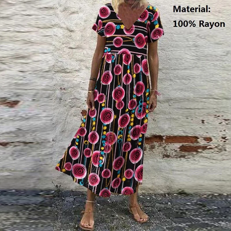 ZANZEA Summer Women Sundress Bohemian Floral Print Beach Maxi Dress Vintage V Neck Short Sleeve Oversized Dresses Kaftan Vestido