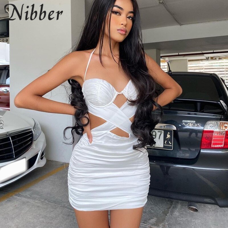 Nibber Fashion Sexy Solid Color Mini Dress Halter Neck Sleeveless Hollow Sexy Slim For Women's Vacation Party Night Clubwear New