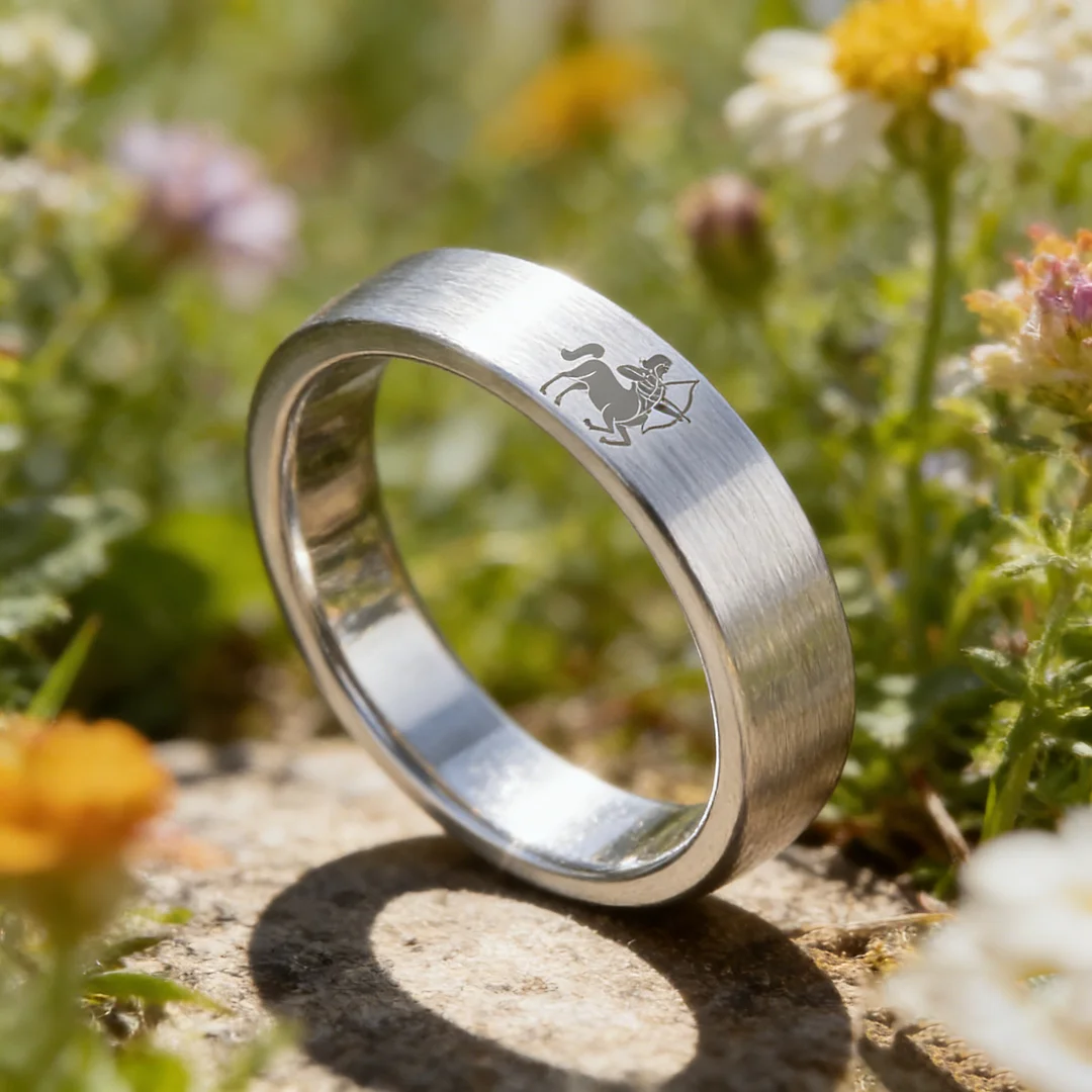 Sliver Tungsten Carbide Rings Flat Sagittarius Wedding Band Flat Top Comfort Fit 4MM 6MM 8MM