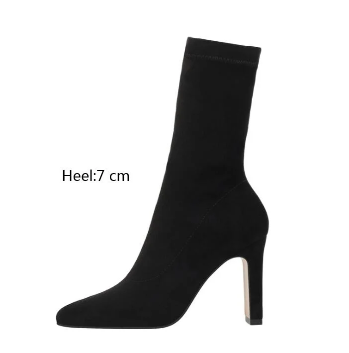 Lourdasprec New Fashion Women Sock Boots High Heels Pointed Toe Autumn Winter Slip On Calf Booties Plush Sexy Pumps Shoes