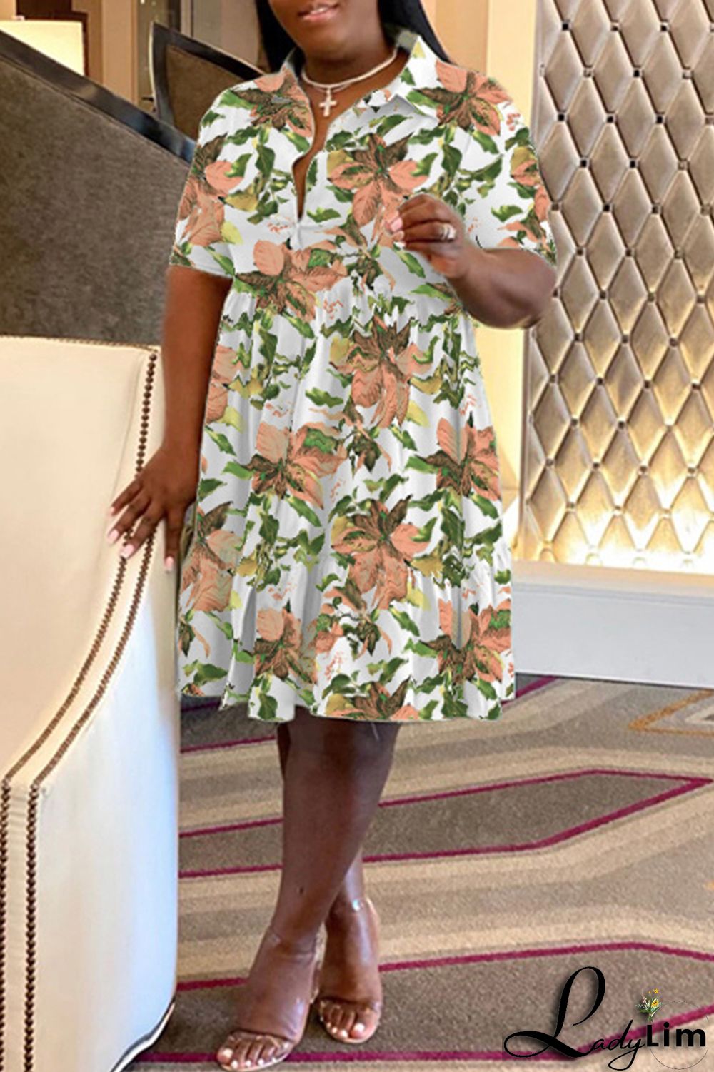 Purple Casual Print Patchwork Fold Turndown Collar A Line Plus Size Dresses