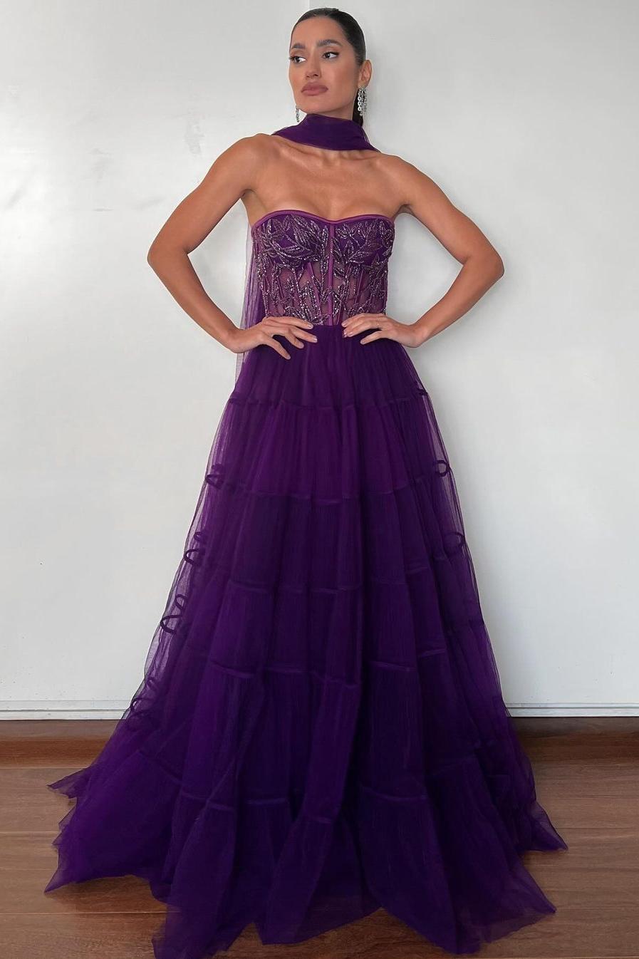 Exquisite Regency Tulle Strapless Sleeveless Long Prom Dress with Applique | MS0132 