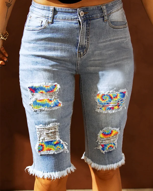 MID-RISE RIPPED PATCHES DENIM BERMUDA SHORTS