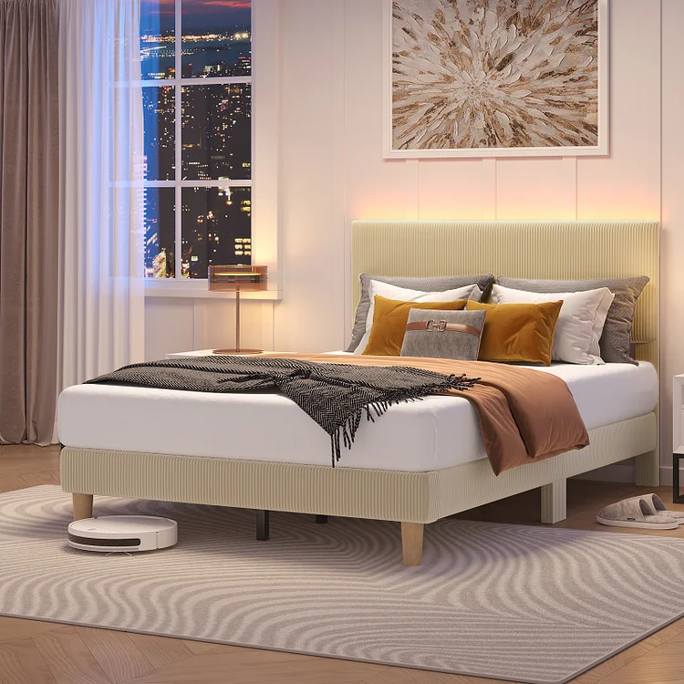 Bestier Corduroy Upholstered Bed Frame with Adjustable Headboard, Platform Bed Frame with LED Light