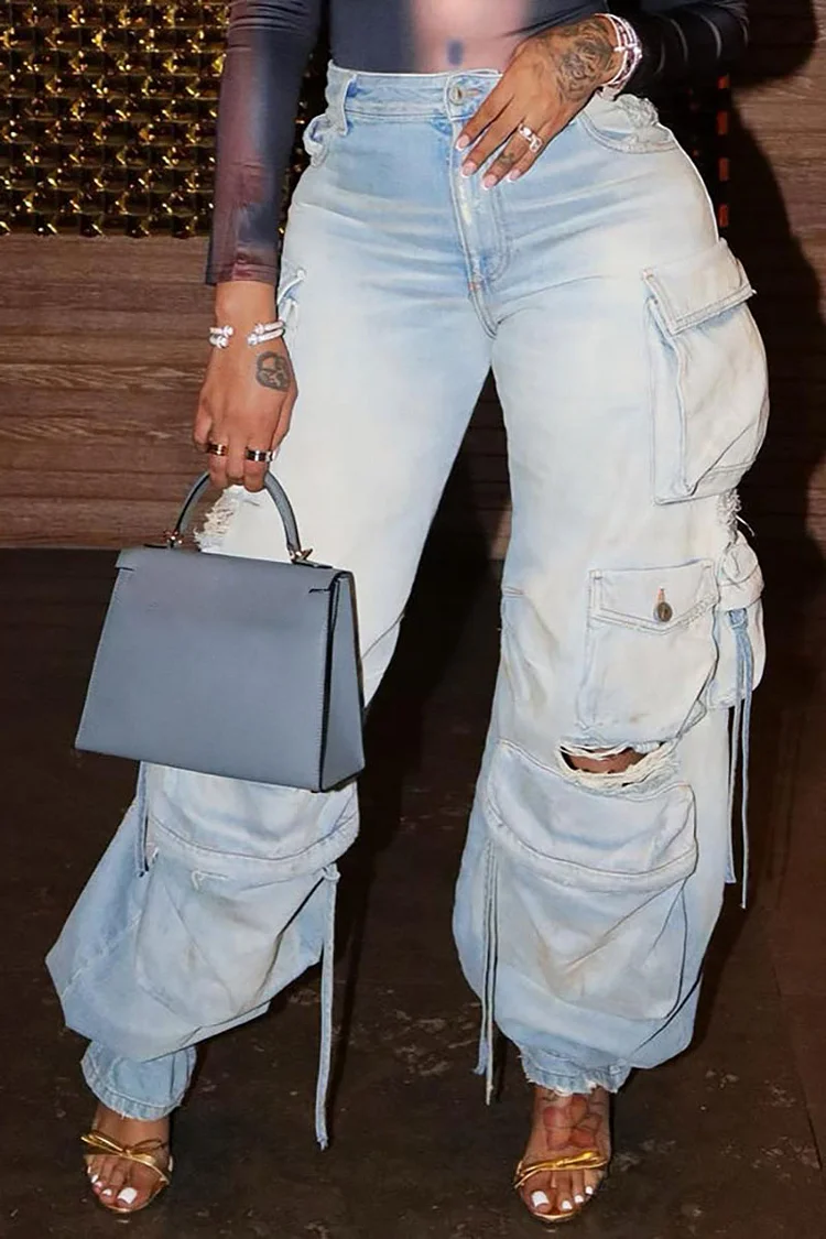 Xpluswear Plus Size Blue Daily Pocket Design Cargo Jeans