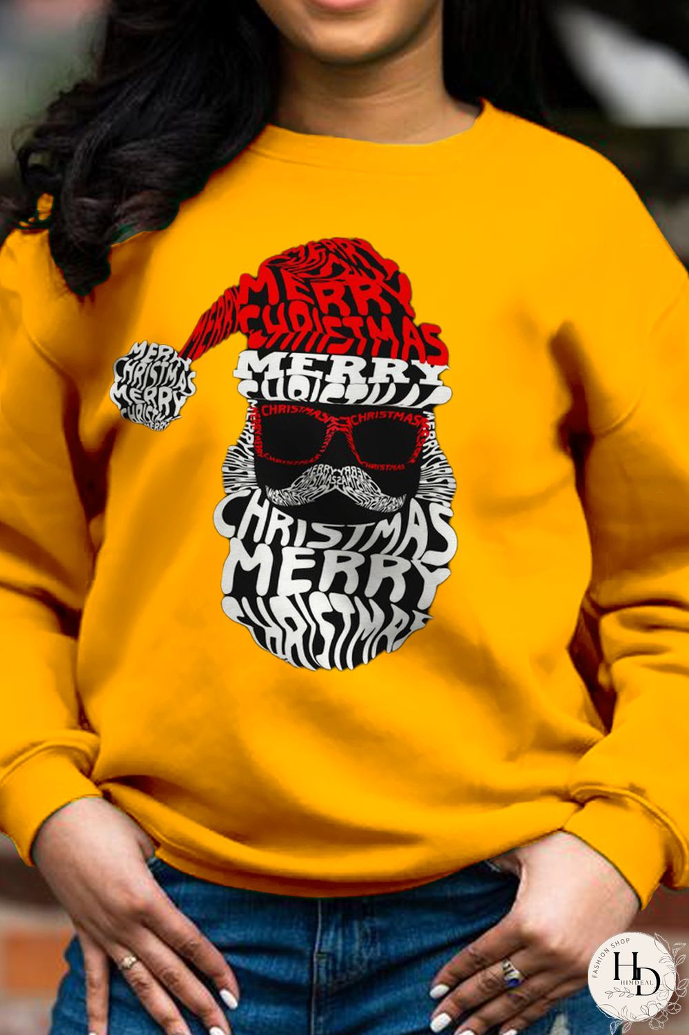 Black Daily Vintage Santa Claus Patchwork Letter Tops