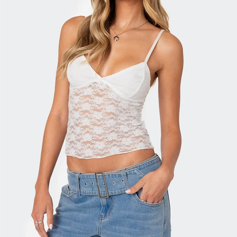 Uveng Uveng Women's Wear Summer 2024 New Sexy Hot Girl V Collar Lace Perspective Slim Bottom Sling Vest