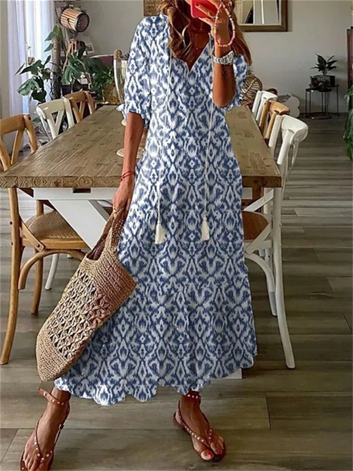 Women's A Line Dress Maxi long Dress Purple Half Sleeve Print Ruched Print Spring Summer V Neck Casual Vacation 2022 3XL-Cosfine