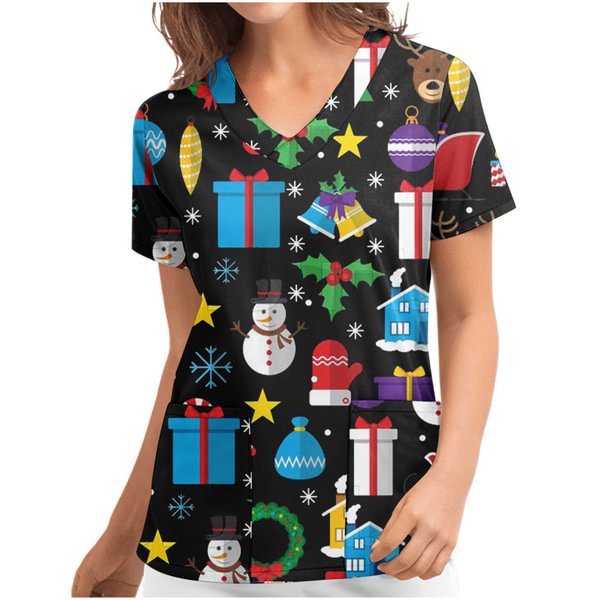 Christmas Women Nurse Scrub Short Sleeve V-neck Side Split Cartoon Snowman Pattern Plus Size Top Nursing Working Uniform T-shirts With 2 Pockets - Shop Trendy Women's Fashion | TeeYours