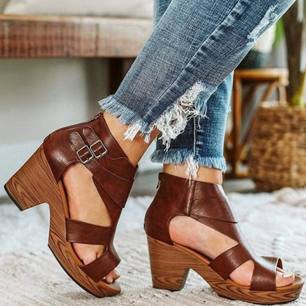 Susiecloths Zipper Adjustable Buckle Vintage Chunky Heel Sandals