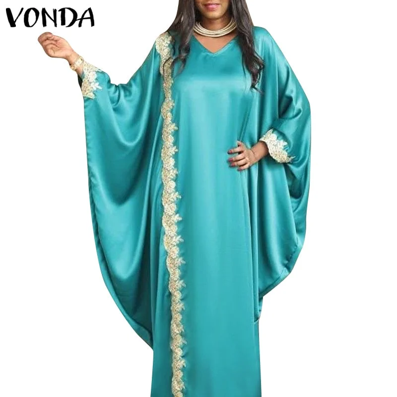 VONDA Oversized Bohemian Bat Sleeve Printed Maxi Dress 2022 Summer Ladies Pleated Party Sundress Casual O Neck Satin Long Dress