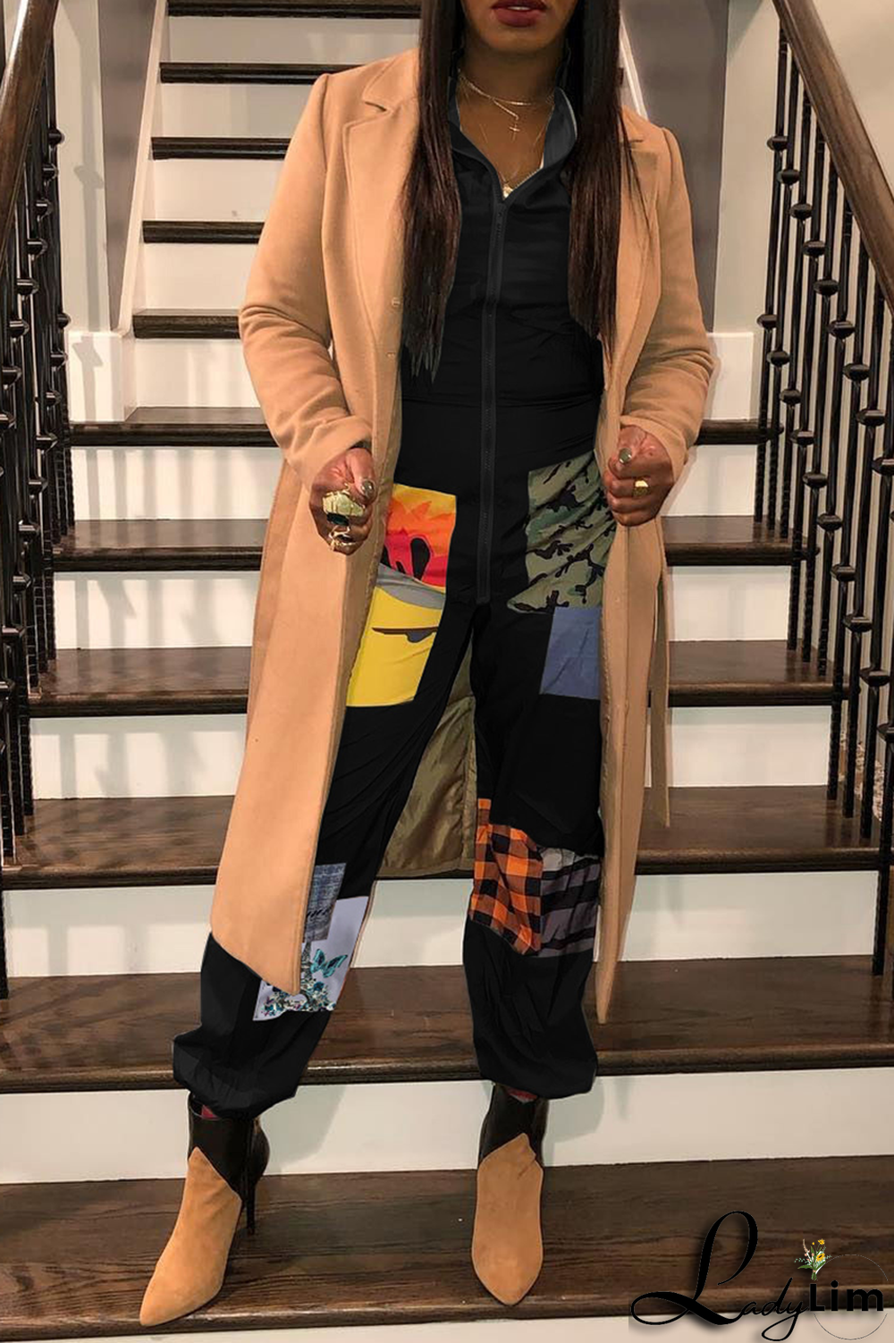 Black Sexy Patchwork Colorblock Printing O Neck Jumpsuits