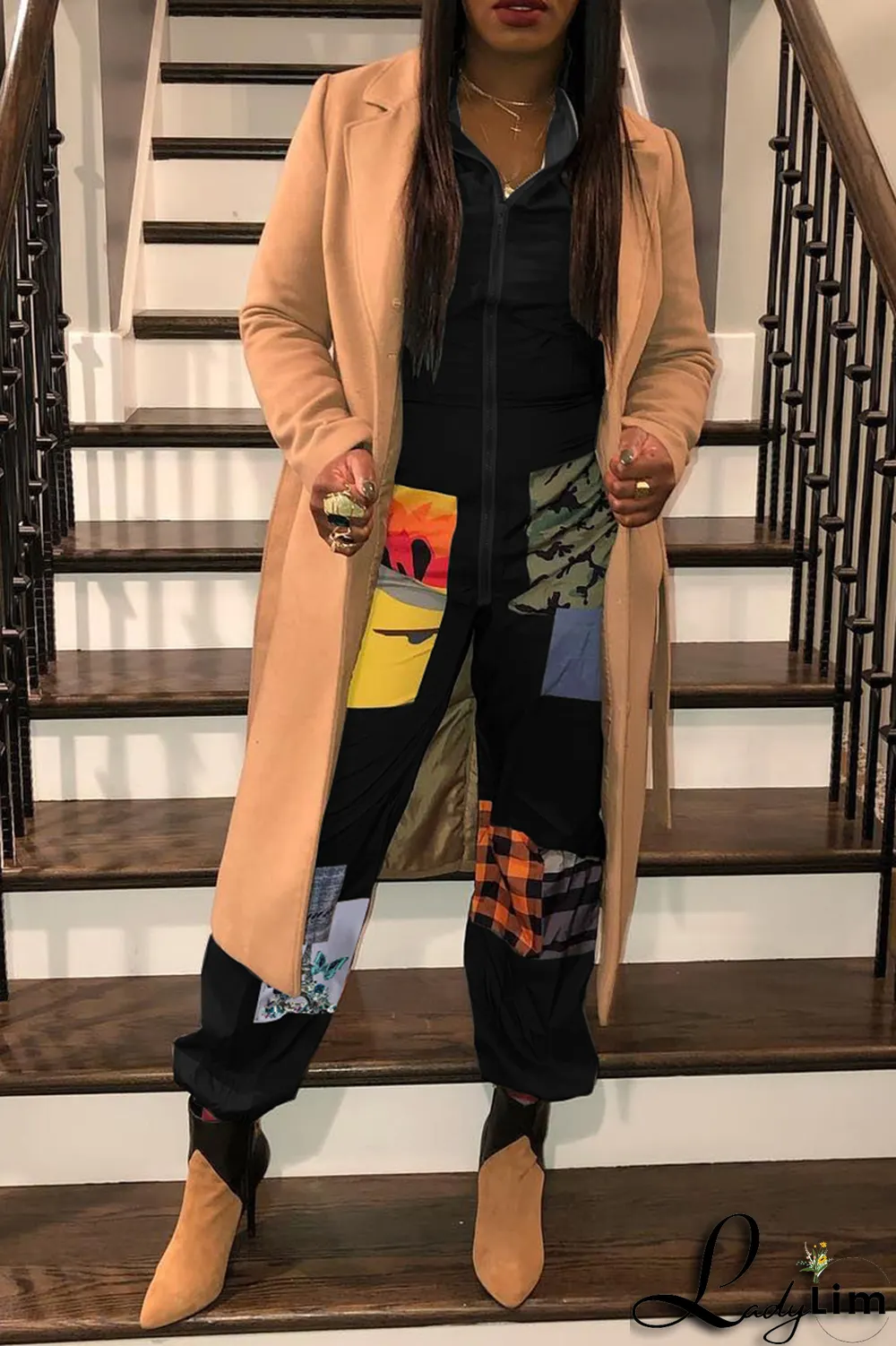 Black Sexy Patchwork Colorblock Printing O Neck Jumpsuits
