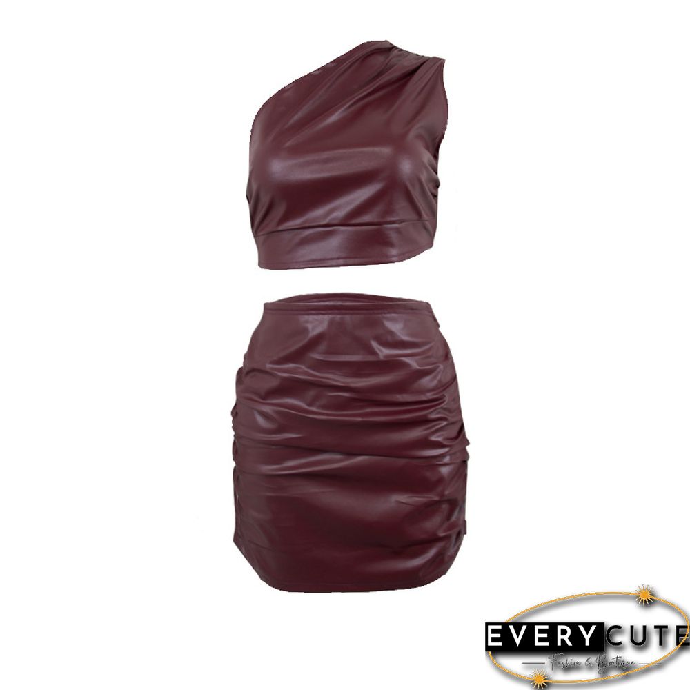 Sexy PU Leather Clothes Suit Women One Shoulder Sleeveless Crop Top And Mini Skirt Ladies Matching Sets Party Clothing
