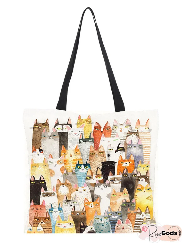 Casual All Season Cat Printing Canvas Daily Tote Canvas Regular Shoulder Bag For Women